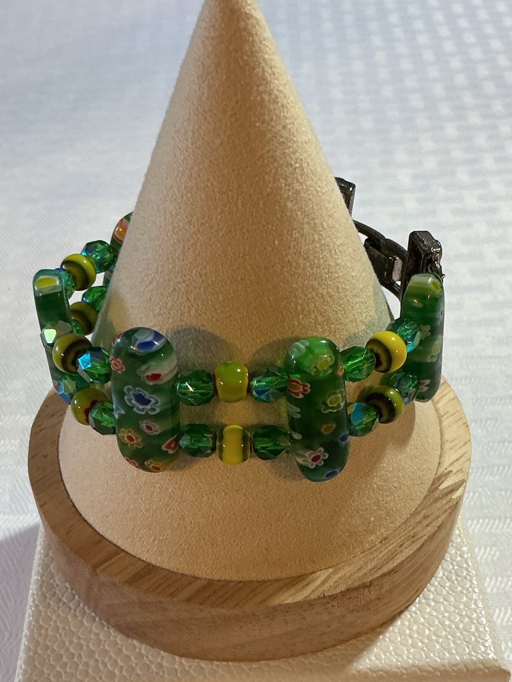 Murano Vintage Style Green Millefiori Glass Antique Silver Tone Bracelet